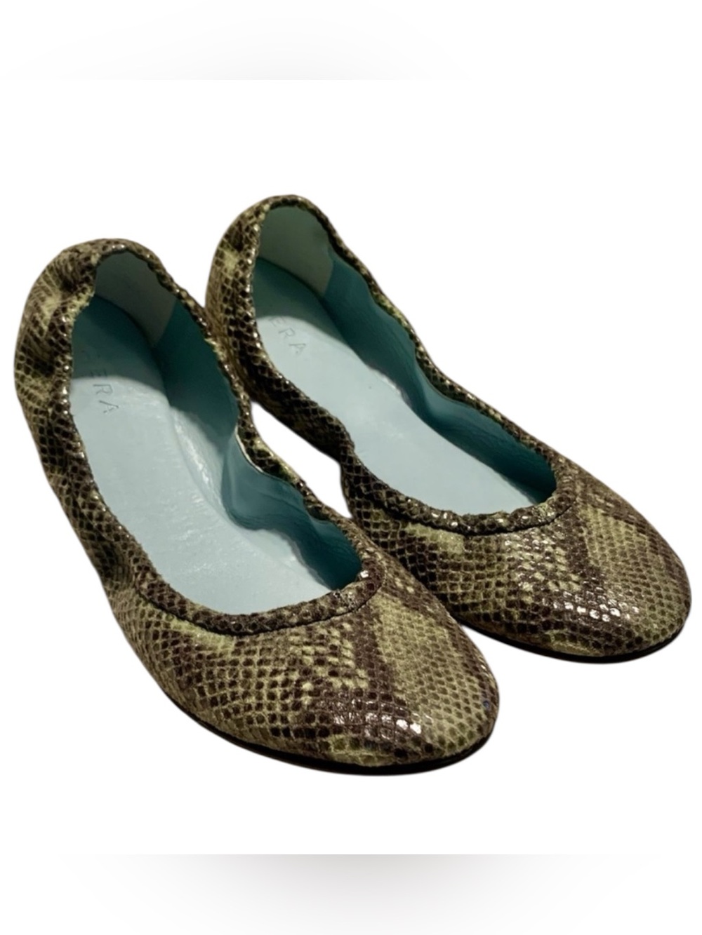 NEW Aera Flats Euro 39.5 /US 9 Ballet Slipper Style Green Python Animal Print